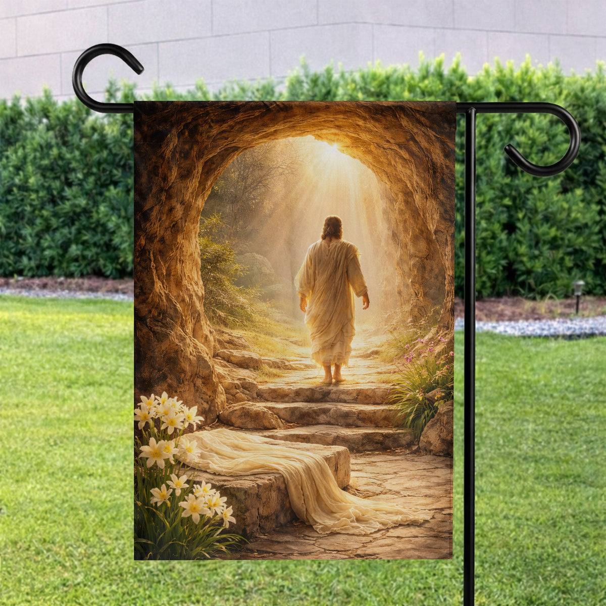 He Is Risen – Empty Tomb in Golden Light Christian Garden Flag