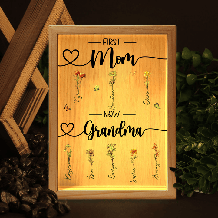 First Mom Now Grandma - Custom Birth Month Flower - Personalized Gift for Grandma - LED Night Lamp, Mother's Day, Birthday | Frame Light Box