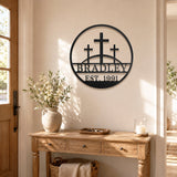 Personalized Custom Three Crosses On Hill Metal Wall Art Sign Calvary Christian Monogram Plaque Rustic Religious Church Home Decor Gift