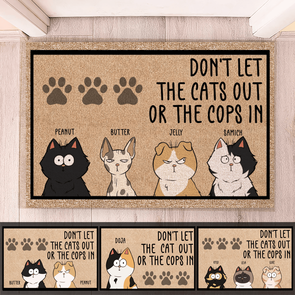 Personalized Doormat - Don't Let The Cats Out Or The Cops In - Custom Gift for Cat Lovers, Owner, Cat Dat, Cat Mom, Friends | Housewarming