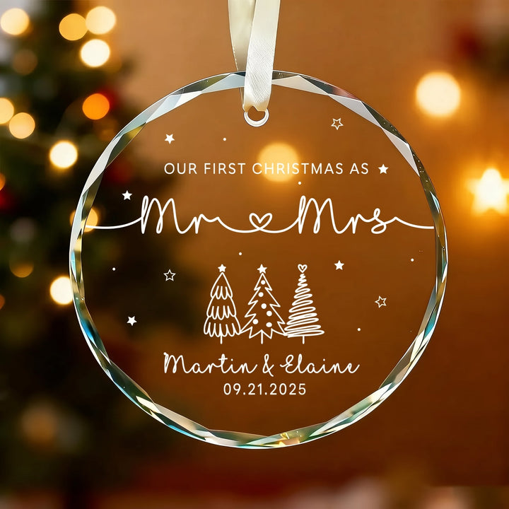 Our First Christmas as Mr & Mrs - Personalized Circle Glass Ornament - Christmas Gift For Her/Him, Husband/Wife, Couples, Newlywed Wedding Gift
