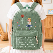 Custom Name Birth Flower Cartoon Character -  Personalized Kid Corduroy Backpack - Gift For Back To School, First Day of School - Student, Son, Daughter | Kindergarten, Pre-K, Preschool
