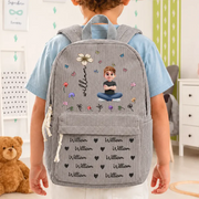 Custom Name Birth Flower Cartoon Character -  Personalized Kid Corduroy Backpack - Gift For Back To School, First Day of School - Student, Son, Daughter | Kindergarten, Pre-K, Preschool