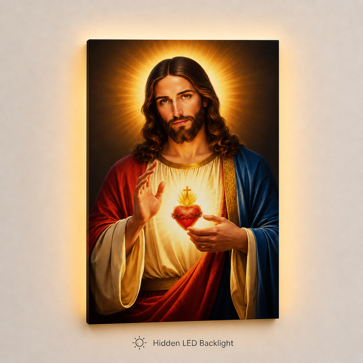 LED Sacred Heart Jesus Canvas/Mica – Glowing Christian Wall Art with Hidden Backlight