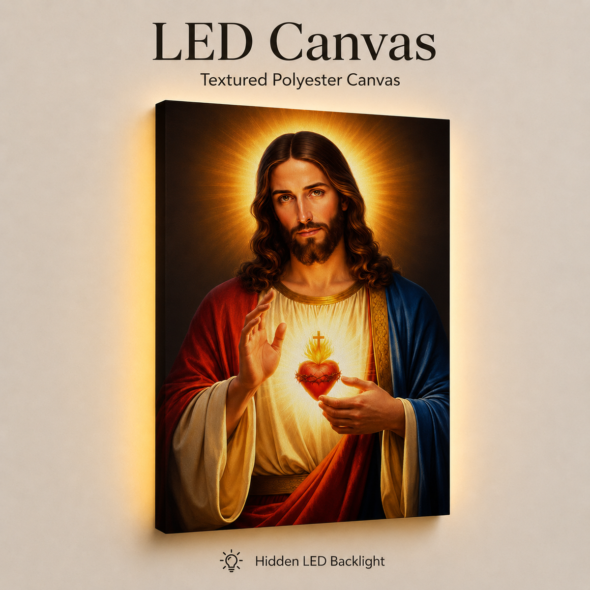 LED Sacred Heart Jesus Canvas/Mica – Glowing Christian Wall Art with Hidden Backlight