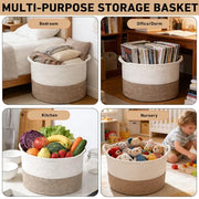 HZFTJOY Large Woven Blanket Basket,65L Cotton Rope Laundry Basket | Collapsible Nursery Storage Bin with Sturdy Handles for Clothes, Toys, Pillows, Living Room Bedroom Bathroom - White & Brown