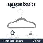 Amazon Basics Kids Velvet Non-Slip Space Saving Clothes Hangers with Shoulder Notches, Sturdy Closet Organizer for Baby/Toddler, 11.6", Gray, 30-Pack