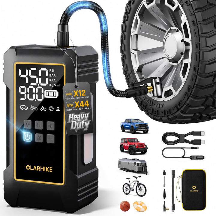 OlarHike 12000mAh Heavy Duty Tire Inflator Portable Air Compressor | Powerful, 7X Faster, 150PSI, Dual Power 12V&Cordless, For Car Tires, Pickup Trucks, Jeeps, SUVs & RVs, Digital Pressure Gauge