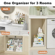 REALINN Under Sink Organizer, L-Shaped 2 Tier Pull Out Cabinet Organizer | Slide Out Under Cabinet Storage, For Kitchen and Bathroom, Metal Under Sink Storage with Sliding Drawer, 50 lbs, White 2 Pack