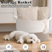 HZFTJOY Large Woven Blanket Basket,65L Cotton Rope Laundry Basket | Collapsible Nursery Storage Bin with Sturdy Handles for Clothes, Toys, Pillows, Living Room Bedroom Bathroom - White & Brown