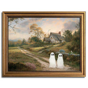 Wemandh Framed Halloween Decorations Fall Decor Wall Art, Rustic Landscape Wall Decor, Cute Ghost Decor Wall Art, Aesthetic Halloween Wall Decor (9.5''x12'')