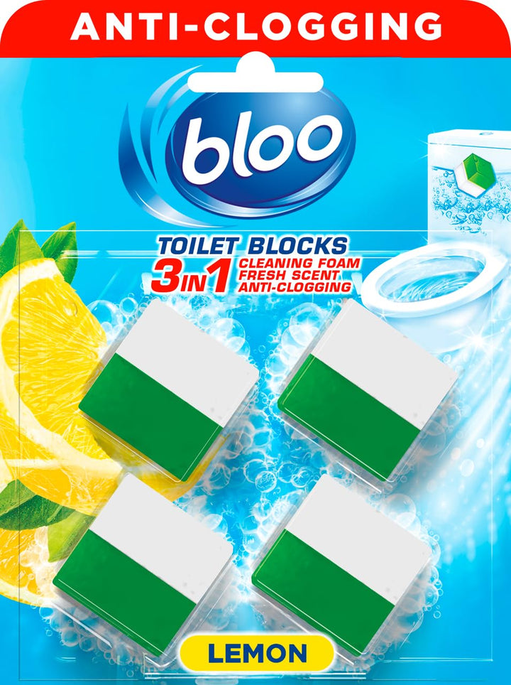 Bloo Toilet Blocks, Lemon, Pack of 4, Lemon | Toilet Cleaner Block, Foaming Action, Anti-Limescale Cistern Block, Fresh Lemon Scent, Long-Lasting