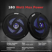 Pyle Marine Speakers -5.25 Inch 2 Way Waterproof and Weather Resistant Outdoor Audio Stereo Sound System with LED Lights,180 Watt Power and Low Profile Slim Style -1 Pair -PLMRS53BL (Black)