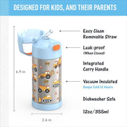 THERMOS FUNTAINER Water Bottle with Straw, 12oz, Construction | Kids Stainless Steel Insulated Water Bottle, Keeps Drinks Cold Longer for School & Play, BPA-Free
