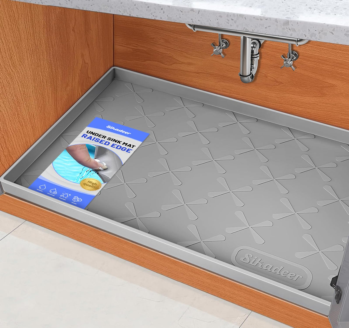 SIKADEER Waterproof Under Sink Mat 34" x 22", Silicone Mat Kitchen liner | BPA-Free Silicone Tray with Raised Lip Protect Cabinets from Leaks, Versatile Home Organizer for Bathroom, Pets, Boots, Floor