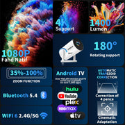 [Built-in Apps & 2026 Upgraded] Mini Projector Support 4K 1080P Auto Keystone 180° Rotatable with WiFi 6 and Bluetooth 5.4, Projector Portable Compatibile with HDMI/TV Stick/Memory Stick/Laptop-White