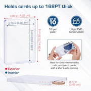 BCW 168 Pt Thick Card Topload Holders for Relic and Patch Cards, 10 Count | Rigid clear PVC holders fit relic, patch, jersey, and memorabilia cards up to 168 pt for storage, display, and transport.