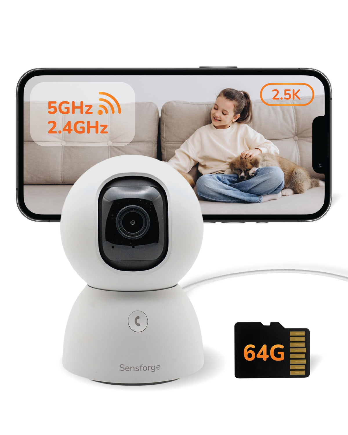 SensForge 2.5K Indoor Pan-Tilt Security Camera, 360° Dual-Band 2.4/5GHz Wi-Fi Camera for Home, Smart AI Human & Pet Detection, 64GB SD Card Included, Two-Way Talk, No Subscription Required (1, White)