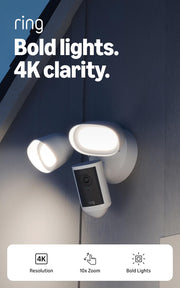 Ring Floodlight Cam 4K Pro (newest model), Wired, Retinal 4K with wide-angle video, 10x Enhanced Zoom, and 2000 Lumen Floodlights, White