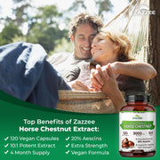 Zazzee Extra Strength Horse Chestnut 10:1 Extract, 20% Aescins, Vegan | 120 Capsules, 4 Month Supply, Aesculus Hippocastanum, Healthy Circulation & Blood Flow Support, Non-GMO, Made in the USA