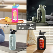 CIVAGO 64 oz Glass Water Bottle with Straw, Half Gallon Large Water Jug | Motivational, Time Marker, Leakproof Lids, Wide Mouth, Flask Cup with Handle and Silicone Sleeve, for Juices, Black