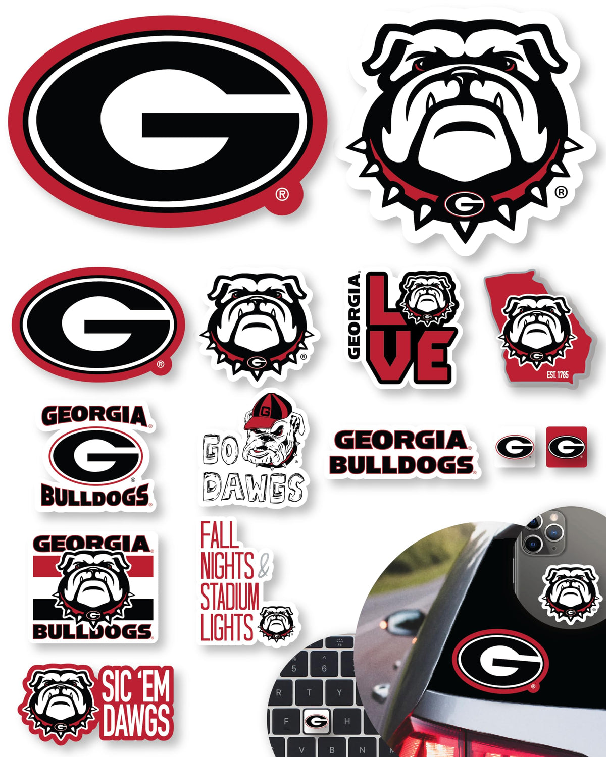 UGA Gifts Georgia Bulldogs Stickers & Decals 14 Pc Set for Car Water Bottle | University of Georgia Bulldogs Sticker Variety Pack (14 piece)