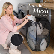 Handy Laundry Mesh Pop-Up Hamper Collapsible with Side Pocket 2-Pack | Breathable foldable design saves space; wide opening makes loading easy. Sturdy build stores clothes neatly. Black.