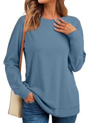 RUMIA Crewneck Fall Sweatshirt for Women Plain Long Sleeve Top with Pocket | Ladies Crew Neck Casual Sweaters Outfits