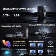 【Officially-Licensed APP & Native 1080P】Thinnest 1.81" Smart Mini Projector with WiFi and Bluetooth, Auto Focus & Keystone Portable Outdoor Projector, VOPLLS 250 ANSI 4K Home Movie Projector