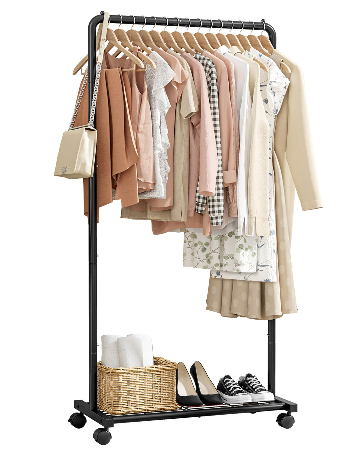 Sakugi Movable Clothes Rail with Shoe Shelf, 72x43x149cm, Black | Colthing Rack With Bottom Shoe Shelf, For Clothes, Coats & Dresses, Freestanding For Bedroom, Closet & Laundry