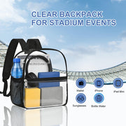 Clear Backpack for Stadium Events Stadium Approved Sports Fan Backpacks | Mini Small Clear Bag 12x12x6 Heavy Duty with Front Pocket for Sport Concert Work Travel（Nylon Shoulder Straps,Black）