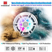 H YANKA HMS-65 6.5 Inch Marine Speakers, Waterproof, 750W, 7Color LED, Pair | 2‑Way marine‑grade coaxial speaker, IP67, salt‑UV resistant for durable long‑lasting use, for boats, utv, atv.