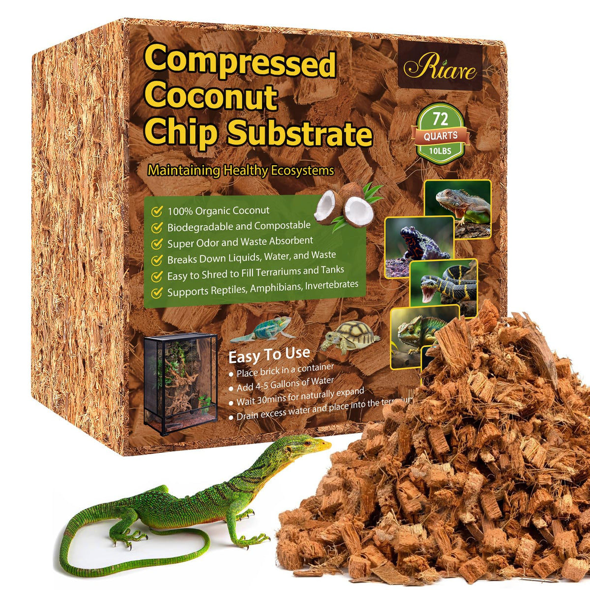 Riare 10LB Coconut Husk Chip for Reptiles, 72 Quart Coconut Fiber Substrate | Coco Chips Substrate Coconut Husk Bedding for Snakes, Tortoises, Ball Python, Bearded Dragon, Geckos, Lizards, Frogs