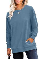 RUMIA Crewneck Fall Sweatshirt for Women Plain Long Sleeve Top with Pocket | Ladies Crew Neck Casual Sweaters Outfits