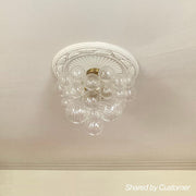 3-Light Brass Cluster Ribbed Glass Bubble Semi Flush Chandelier