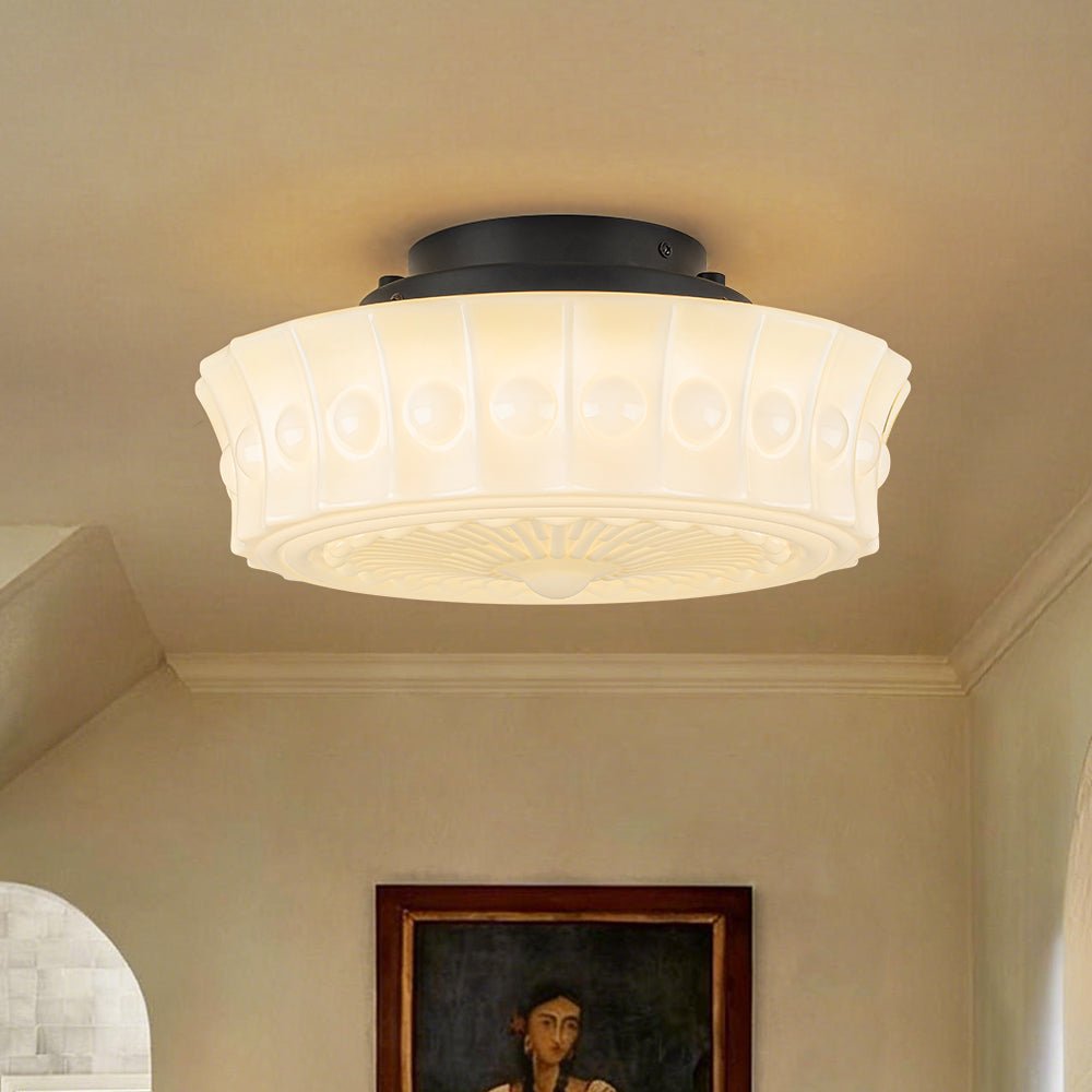 Art Deco Sculptural Milk Glass Schoolhouse LED Ceiling Light