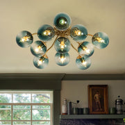 Bloom Brass Blue Glass Bubble Semi Flush Chandelier