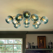 Bloom Brass Blue Glass Bubble Semi Flush Chandelier