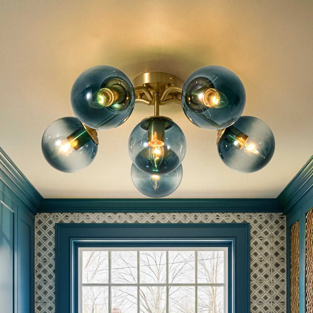 Bloom Brass Blue Glass Bubble Semi Flush Chandelier