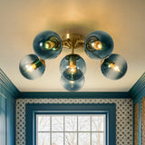 Bloom Brass Blue Glass Bubble Semi Flush Chandelier