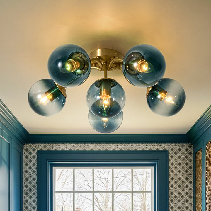 Bloom Brass Blue Glass Bubble Semi Flush Chandelier