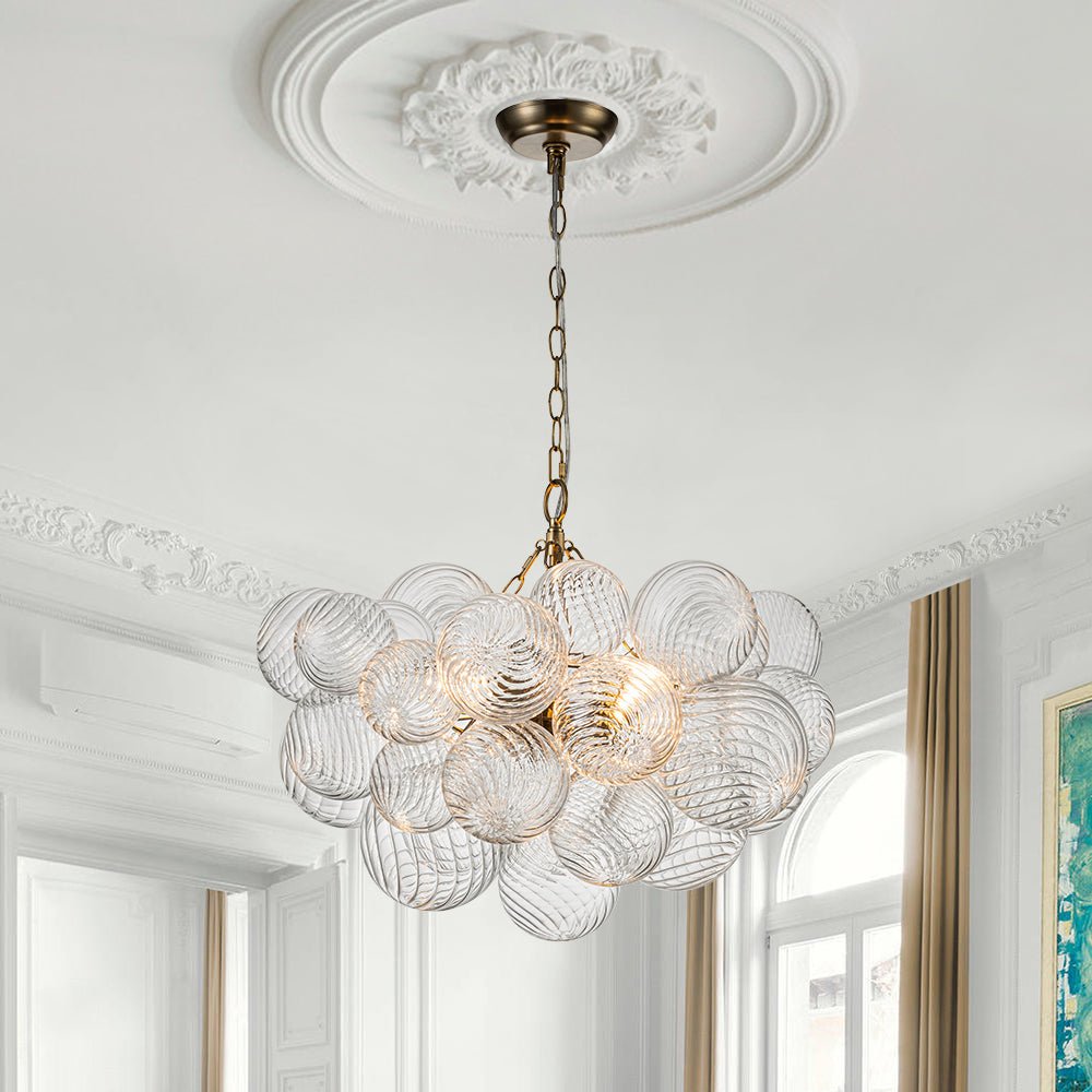 Brass Cluster Ribbed Glass Globe Bubble Chandelier