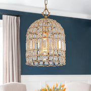 French Antique Brass Crystal Cage Chandelier