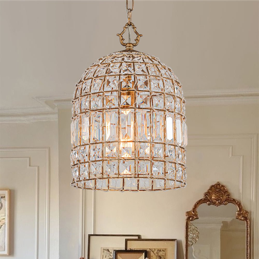 French Antique Brass Crystal Cage Chandelier