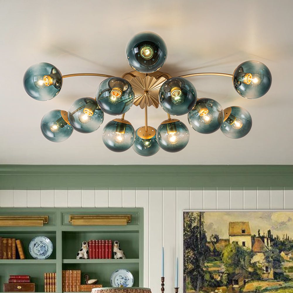 Glam Bloom 12-Light Blue Glass Bubble Semi Flush Chandelier