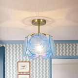 Glam Blue Iridescent Swirl Glass Round 1-Light Semi Flush