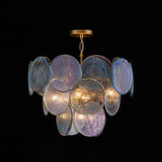 Glam Blue Iridescent Swirl Glass Round Tiered Chandelier